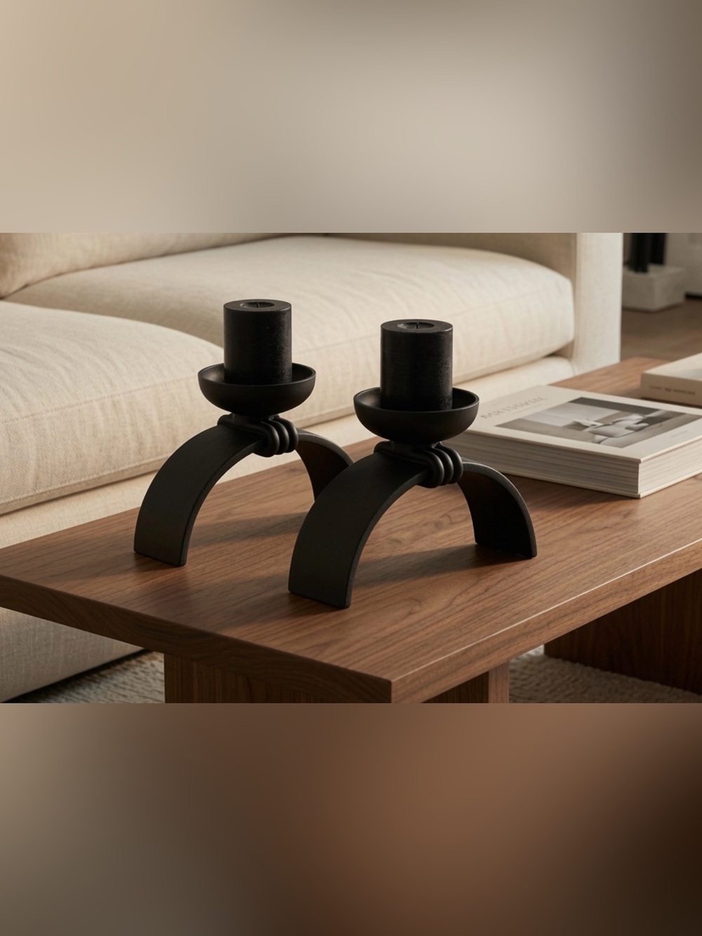 Modern Black Curved Metal Candle Holders - Pair